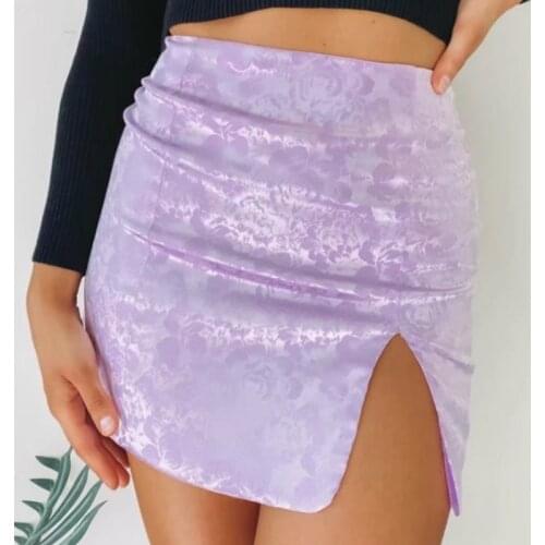 Women Bodycon Party Skirts High waist Purple Flowers Print Sexy Fashion Zipper mini skirt Summer Fall Zipper High street Clothes