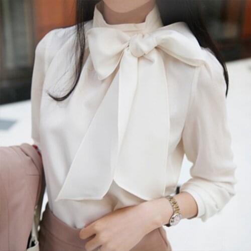 Womens Spring Autumn Chiffon Blouses Shirts Womens Elegant Bow Turtleneck Solid Color Long Sleeve Casual Tops DD8309