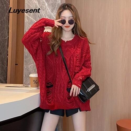 Christmas Red Lady Street Harajuku Pullover Sweater Autumn Winter Women Split Hollow Out Hole Long Sleeve Sweaters Knitted Top