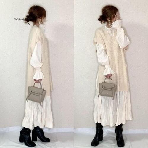 Womens Dress One Piece New Korea Flared Sleeve Pullover Dress Fashion Female White Folds Design Loose Casual Maxi Long Dresses