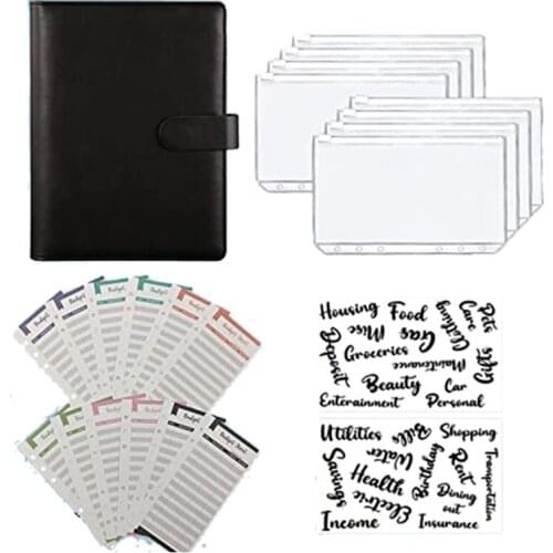 A6 PU Leather Notebook Binder Budget, 6 Ring Binder Cash Budget Envelopes System, 12 Pieces Expense Budget Sheets