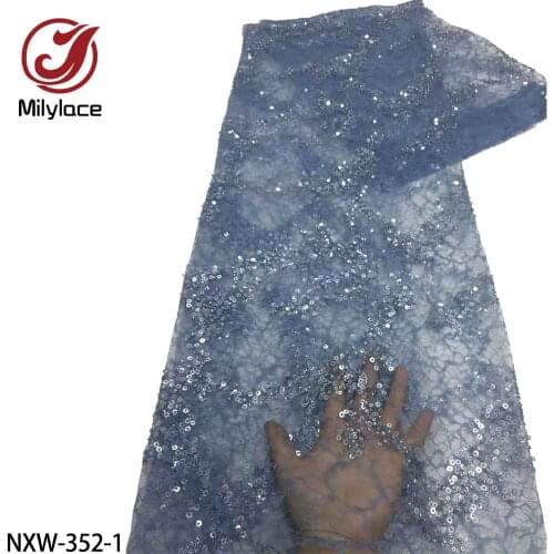 African Net Lace Fabric High Quality Sequins Lace French Mesh Tulle Lace Fabric with Beads for Wedding Party Dresses NXW-352