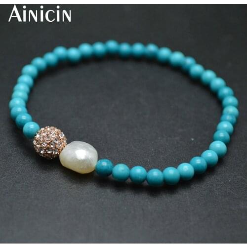5pcs 4mm Natural Blue Green Stone 7.5'' With Beige Freshwater Pearl Stretch Bracelets For Fashion Women Jewelry