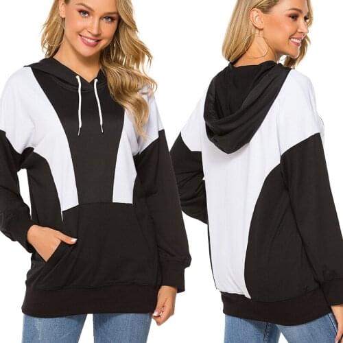 Black And White Contrast Color Women Hoodies Sweatshirts Autumn And Winter Front Pocket Loose Casual Lady Hooded Pullovers