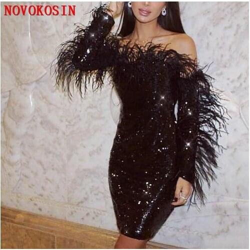 2020 Black Sheath Cocktail Party Dresses Long Sleeves Off Shoulder Feathers Lace Sequined Short Prom Party Gowns