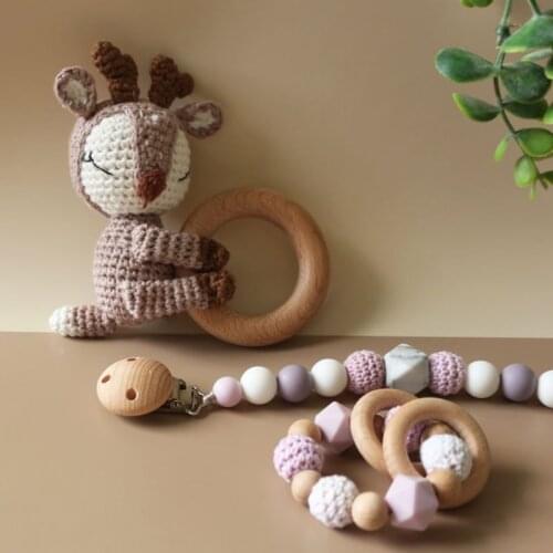 Baby Pacifier Clip Chain Dummy Holder Wooden Teething Bracelet DIY Crochet Animal Deer Teether Infants Rattle Soother Molar Toy