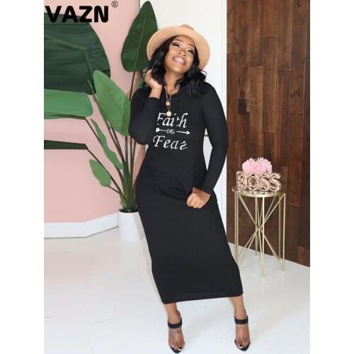 VAZN 2020 Autumn Classic Black Soft Elastic Young Daily Overalls Sexy Elegant Full Sleeve Women Thin High Waist Midi Dress