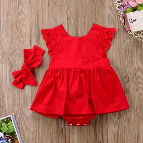 Emmababy Newborn Baby Girl Clothes Sleeveless Red Lace Romper Dress Ruffle Princess Dresses Party Rompers Headband 2Pcs Outfits