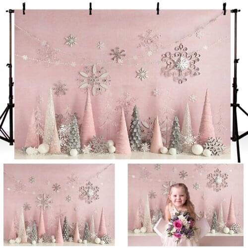 Winter Snow Pink Christmas Tree Newborn Baby Girls Portrait Backdrops Photography Background Snowflake Decoration Backdrop
