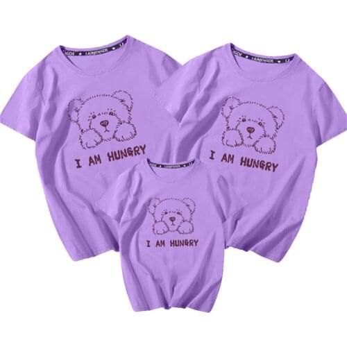 I AM HUNGRY Cute Bear Printed T Shirts For Family Father Mother Daughter Son Short Sleeve Purple 100%Cotton T-shirts Tee Shirts