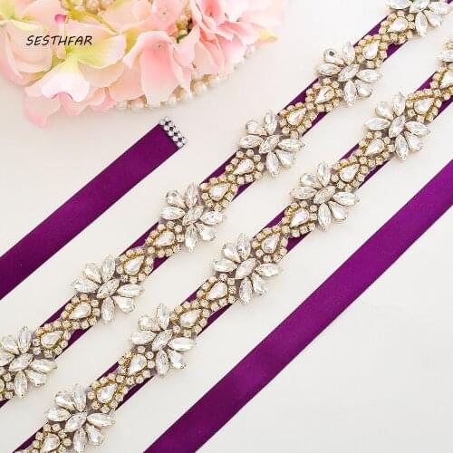 SESTHFAR Crystal Wedding Belt Gold Rhinestones Bridal Sash Handmade Beads Bridal Sash Belt For Wedding Accessories