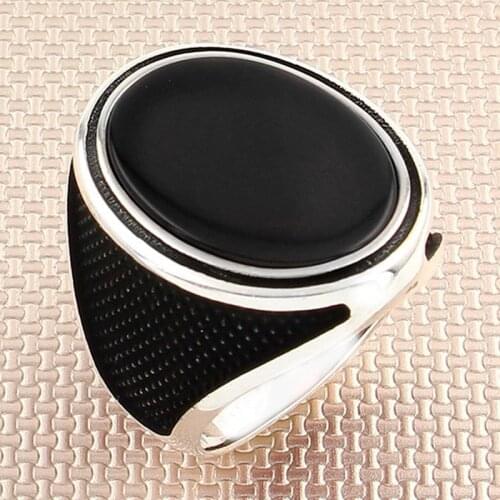 Black Stone Ring For Man Real Pure Sterling Silver 925 Onyx Patterned Embroidered Gemstone Handmade Turkish Jewelry