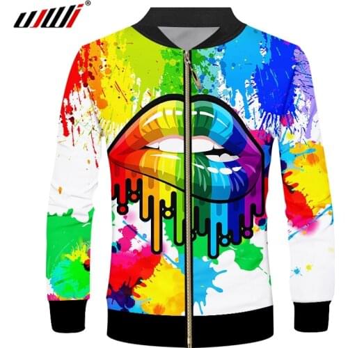 UJWI New Trend Colorful sexy lips Mens Zip Jacket 3D Punk Rock Man Zipper Coat Printed Fashion Streetwear Unisex Clothing