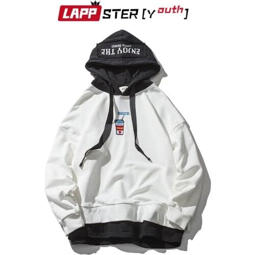 LAPPSTER-Youth Men Streetwear Harajuku Patchwork Hoodies 2020 Pullover Embroidery Drink Casual Sweatshirts Korean Hooded Hoodies