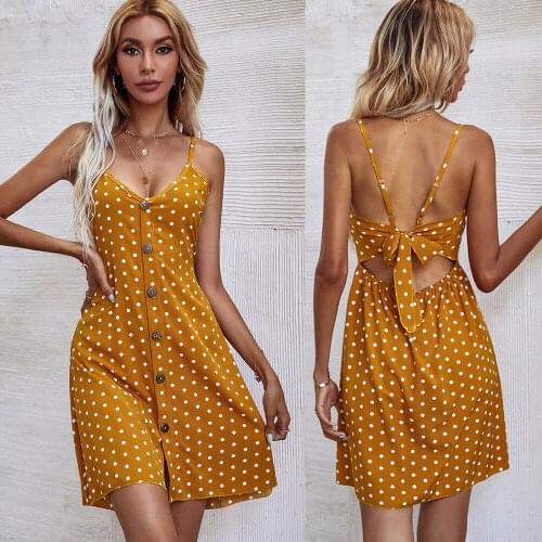 Summer Sexy Spaghetti Straps Adjustable Hollow Out Bandage Womens Mini Dress Fashion Casual Buttons Polka Dot Ladies Dress