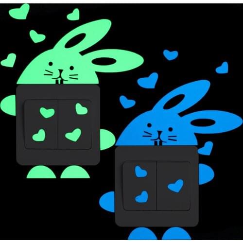 Lovely Cartoon Rabbit Hearts Luminous Switch Sticker Glow in the Dark Wall Decoration Animal Sticker Kids Rooms DIY Decor Decals