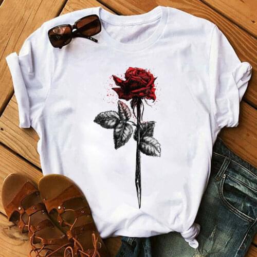 Fashion Women T Shirt Red Rose Flower Printed T-shirt Harajuku Short Sleeve Tops Female Ladies Cute Graphic Tee Shirts T-shirt