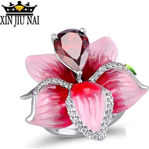 Fashion Jewelry 925 Silver Enamel Flower Rings for Wedding Jewelry Red Water Drop Crystal Engagement Ring gemstone Gift