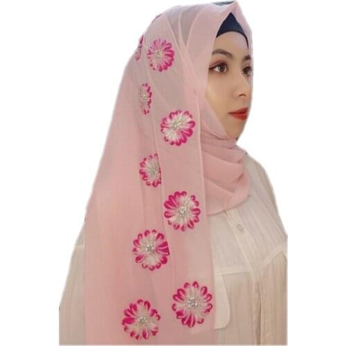 Fashion Muslim Women chiffon Long Hijab Scarf Muslim Lady Bead Applique Hijab Caps Islamic Turkish Turban Candy Colors Shawls