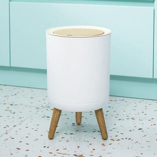 Waste Bin High Foot Imitation Wood Grain Trash Can with Lid Press Nordic Style for Home Kitchen Household Cleaning