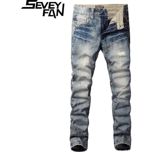 SEVEYFAN Mens Vintage Scratched Pencil Jeans Ripped Hole Casual Slim Denim Pants Stretch Jeans Joggers for Male
