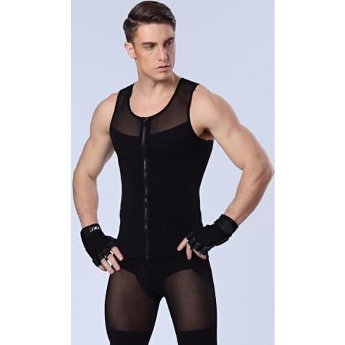 Men body shapers vest strong compression underwear shapers tights for male bodysuit front zipper black white