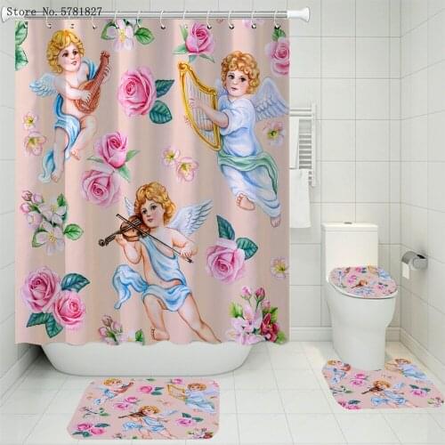 3/4 Pieces Angel Oil Painting Carpet Cover Toilet Cover Bath Mat Pad Set Home European Bathroom Curtain Religious Shower Curtain
