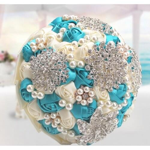 New arrived blue + cream slik rose flower bouquet artificial bridal bouquet for wedding decoration