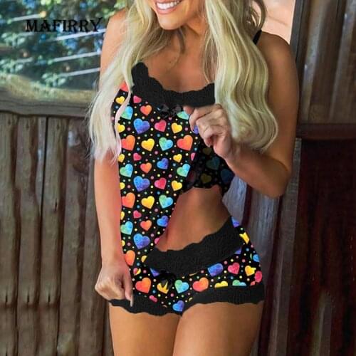 Womens Pajamas Sets V-Neck Stretch Lace Homewear Sexy Sling Pullover Top Shorts Sleepwear Love Printing Nightwear Dropshipping