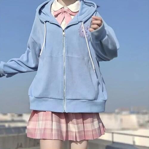 Autumn Cardigan HoodedWomens Jacket Korean Loose Winter Wear Plus Velvet Long Sleeve Cute and Sweet Harajuku Kawaii Pure Color