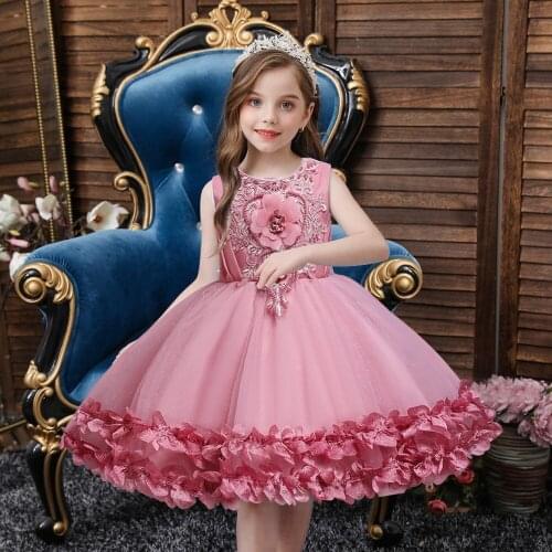 Girls beaded flowers sweet net gauze puffy sleeveless princess dress knee-length dress wedding dress dress for girl party dress
