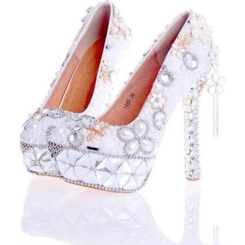 Handmade Wedding Shoes White Pearl with Crystal Gorgeous Bridal Shoes Women Party Pumps Platform High Heel Valentine Shoes