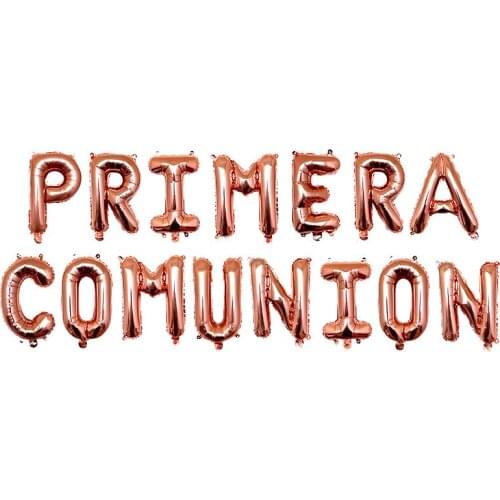 Holy first communion decoration Rose gold foil balloons banner Spanish Primera Comunion hanging bunting baptism ceremony decor