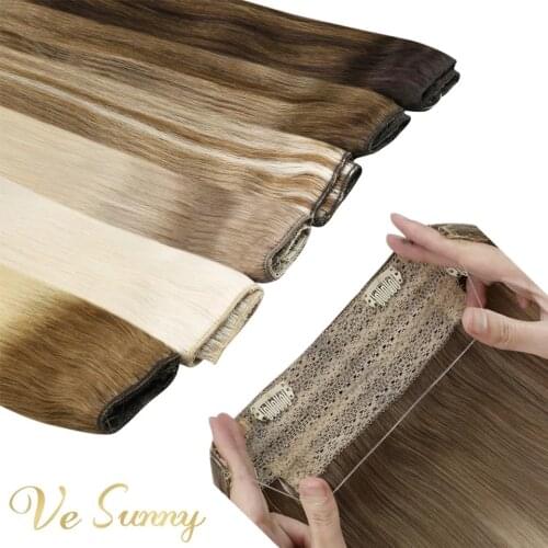 VeSunny Halo Hair Extensions Remy Hair 11inch Width Wire Headband Halo Extensions Human Hair Invisible Fish Wire with 2 Clips