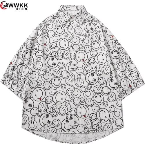 WWKK 2021 Summer Blouse for men Women Ladies Girl Button Up Shirt One Piece Smiley face Printing Clothing Harajuku Clothes Top