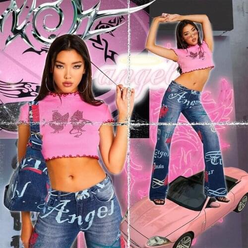 Y2K Angels Demons Print T-shirt Casual Summer Womens 90s Street Style Mini Tee Pink Punk Vintage Short Sleeve Slim Daily Shirt