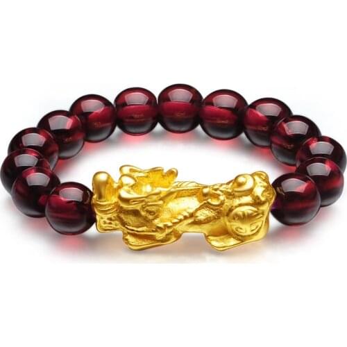 Real 999 24K Yellow Gold Ring Women 3D Luck Bless Pixiu with Garnet Beads Ring Gold 0.3g