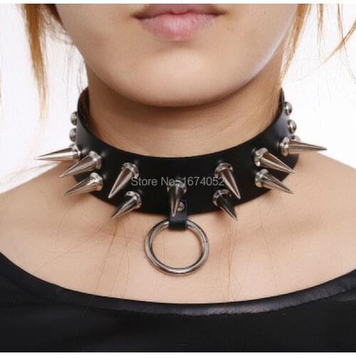 Women Girl Punk Gothic 100% Handcrafted Cosplay Double Spiked Collar Spiked Choker Hanging O Round Leather Choker Necklace