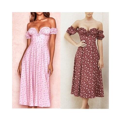 2021 Summer Backless Womens MIDI Dress Breast Wrappingexy Off-Shoulder Short-Sleeved Dress High-Slit Printing Sexy Evening