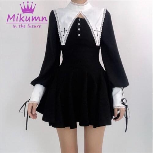 Gothic Women Dress Harajuku Vintage Black Cross Lace Stand Collar Lace-Up Long Sleeve Female Party Dresses