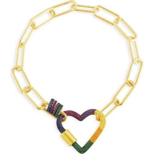 SLJELY Luxury S925 Sterling Silver Yellow Gold Color Jewelry Multicolor Cubic Zirconia Rainbow Heart Chain Bracelet for Women