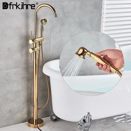 Bathroom Golden Floor-Standing Bathtub Faucet With Hand Shower Mixer Tap Rotation Handshower Bath Mixer Copper Shower Set Tap