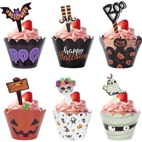 32pcs/set Halloween Cartoon Paper Cupcake Wrappers Cake Topper Birthday Party Baby Shower Supplies Happy Halloween Decoration