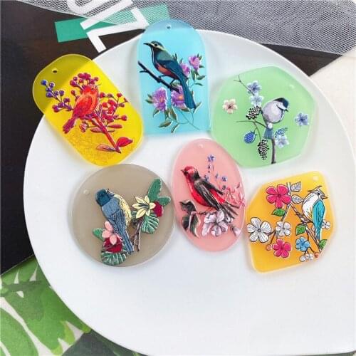 30pcs/lot cartoon birds pattern print geometry ovals/rounds/irregular shape acrylic beads diy jewelry earring accessory