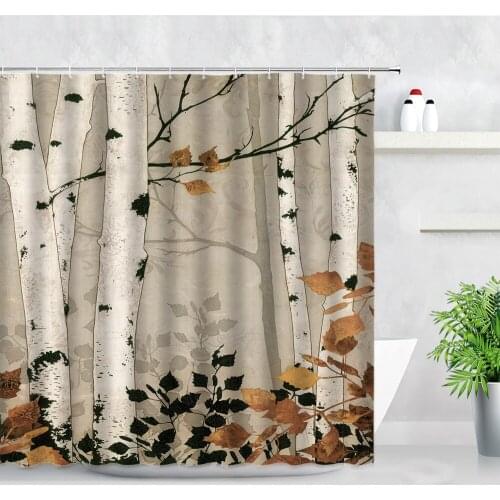 White Birch Forest Oil Painting Shower Curtains Plant Trees Printing Modern Abstract Art Decor Waterproof Bathroom Curtain Sets