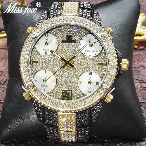 Hip Hop MISSFOX Top Brand Luxury Mens Watches Bling Iced Out Stainless Steel Business Quartz Male Wrist Watches For Men Jewelry