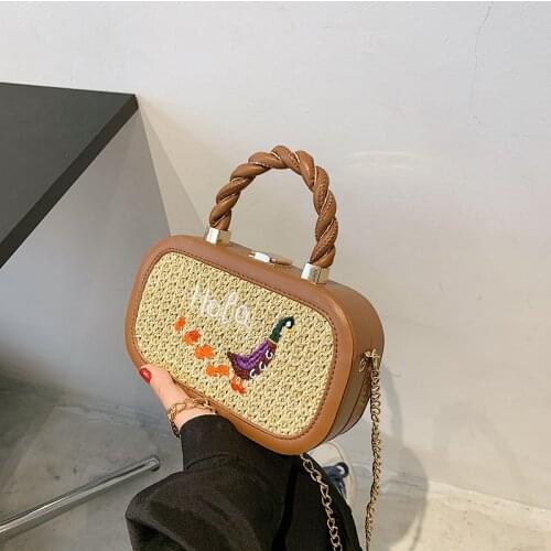 2021 Designer Duck Embroidered Womens Straw Woven Handbags Woven Box Bags Chain Crossbody Bags for Women Travel Beach Bag Purse