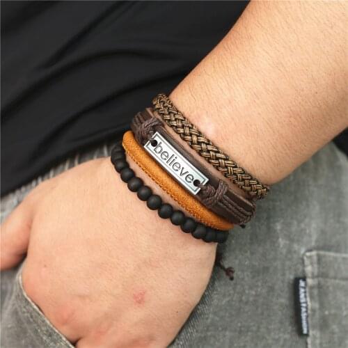 2019 Fashion Believe Multilayer Leather Bracelet Braided Handmade Femme Homme Bead Wrap Women Men Bracelets & Bangles Male