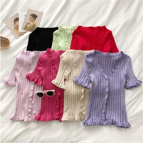 Fashion Knitted Sweater Women Flare Sleeve 2020 Spring Summer New Short Single Breasted Cardigan Solid V-neck Ladies Tops ZY4778