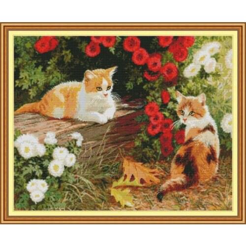 Joy Sunday Kitten In The Garden Cross Stitch Printed Canvas DMC 11&14CT DIY Ecological Cotton Cross Stitch Kits Embroidery Kit